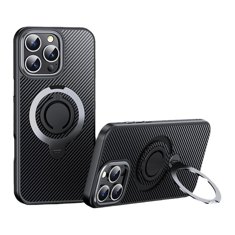 Carbon Fiber Phone Case With 360 Rotating Magnetic Stand IPhone 16 Pro Plus 15 Series 14 13 12 SE4 2025 TPU PC Hybrid