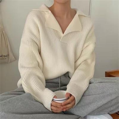 Autumn Winter Fashion Knitted Casual Pullover Women Sweater Long Sleeve Korean Versatile Lapel Female Jumper Elegant Soft Loose Knitwear Tops Clothing