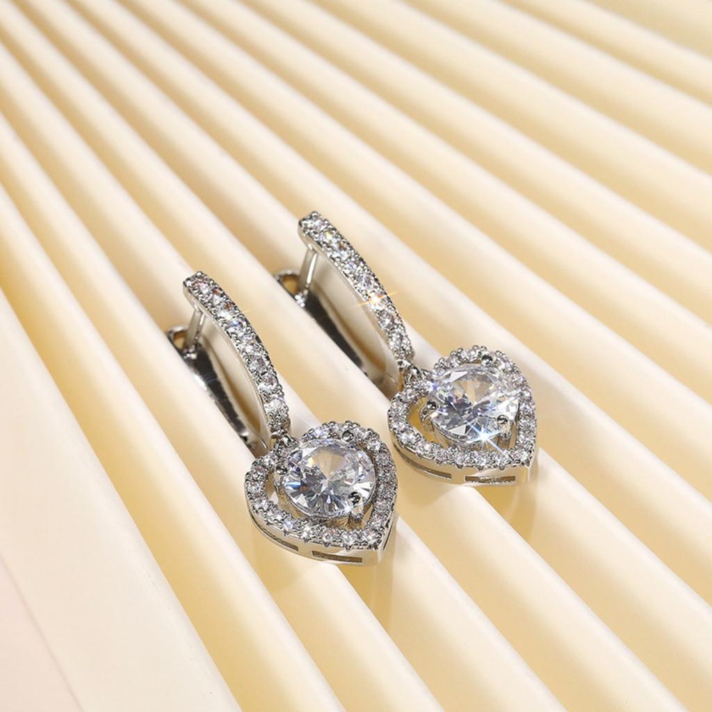Hollow Heart Halo Round Center Stone Dangle Leverback Earrings Women Drop Ear Jewelry