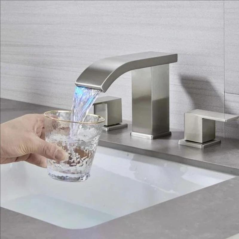 LED Waterfall Bathroom 3 holes Basin Faucets, 2 Handles Cold Hot Water Mixers Sink Tap RGB Color Change Powered by Water Flow