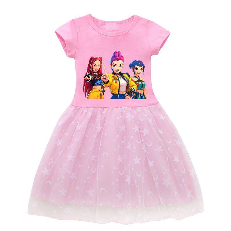 Children's Sweet Short-sleeved Kpop Witch Hunt Dress, Summer Girl Princess Star Gauze Dress