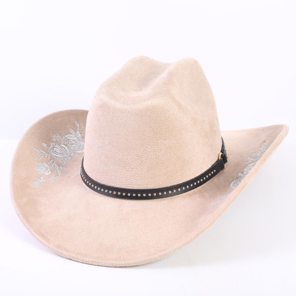 Beliebter europäischer und amerikanischer klassischer Wildleder Western Cowboyhut für Herren und Damen, großer Schirm, bestickt, Outdoor-Sonnenhut