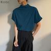 ZANZEA Womens Casual Half-turtleneck Solid Color Loose Short Sleeve Blouse
