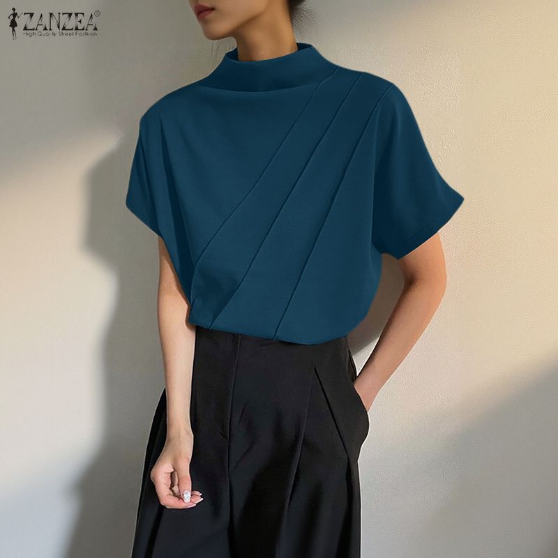 ZANZEA Womens Casual Half-turtleneck Solid Color Loose Short Sleeve Blouse