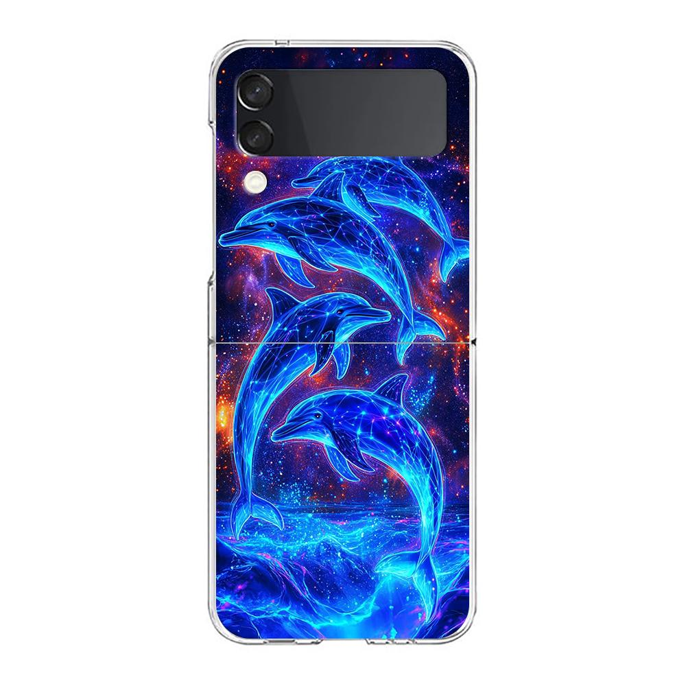 Phone Cover For Samsung Galaxy Z Flip 7 6 5 4 Case Transparent For Samsung Z Flip 3 Hard PC Shell Ocean Cute Dolphin Sea Turtle