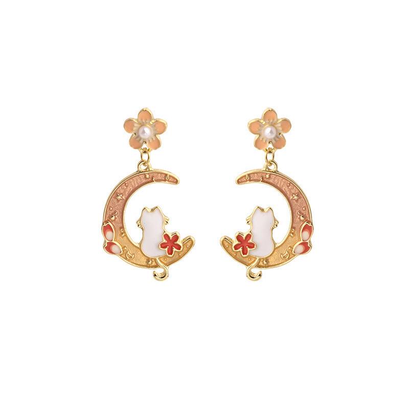 Silver Needle Cartoon Crescent Moon & Jade Rabbit Stud Earrings - Trendy, Simple Style Flower Colorblock for Women