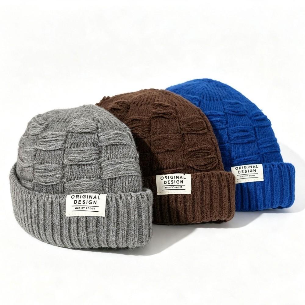 Thick Knitted Beanie Cap Solid Color Cuff Trawler Hat Retro Docker Cap