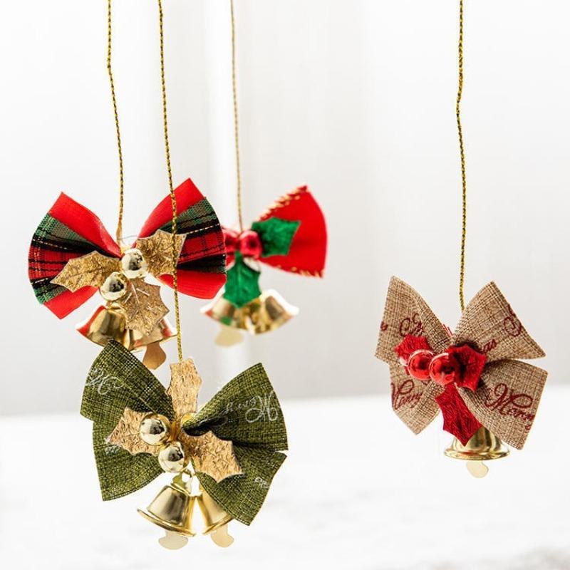 10pcs Christmas Bow With Bell Mini Xmas Tree Bowknot Pendant Ornaments For Home Decoration 2025 Navidad New Year Party DIY Gifts