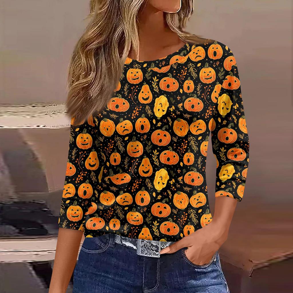 Women's Casual Loose Fit Three Quarter Sleeve Shirt Round Neck Halloween Print T-Shirt Lightweight Comfortable Top