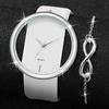 Xiaomi 2PCS/Set Fashion Hollow Out Dial Women Watches Leather Band Analog Quartz Watch Silver Bracelet Set