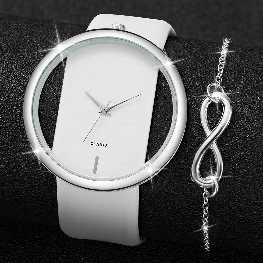 Xiaomi 2PCS/Set Fashion Hollow Out Dial Women Watches Leather Band Analog Quartz Watch Silver Bracelet Set