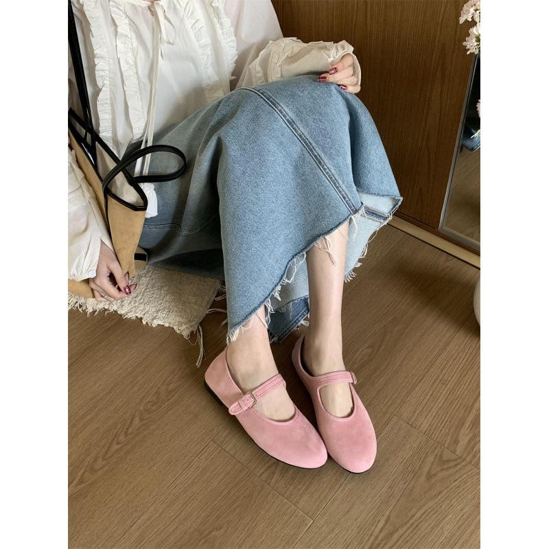 Round head light mouth shoes suede ballet single shoes early spring buckle belt Mary Jane flats ladyshoes