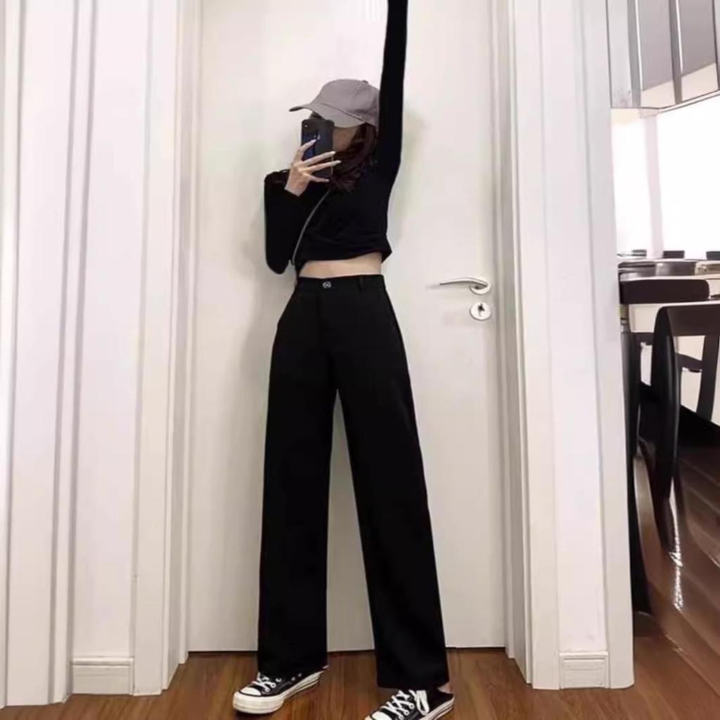 2024 Women's High-End Black Wide-Leg Spring Trousers: Drapey, High Waist, Casual, Straight-Leg Long Pants