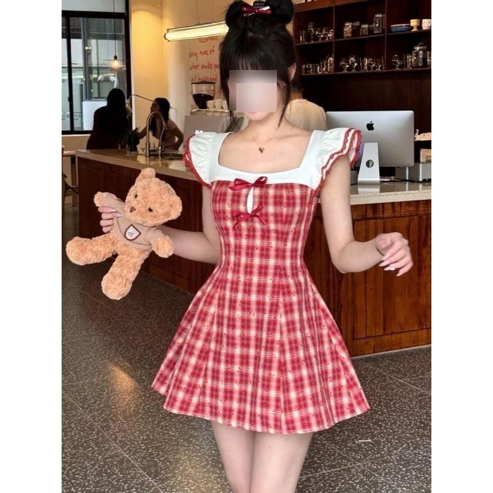 College Style Retro Red Plaid Lace Splicing Dress Women's Summer Small Waist and Thin Short Skirt