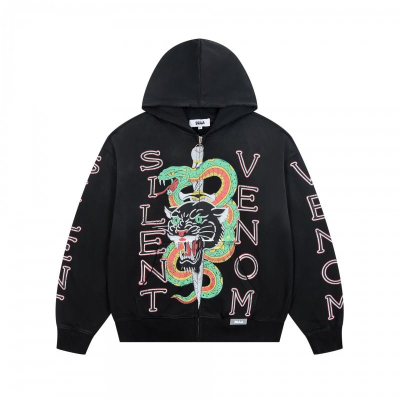 Vintage Washed Hoodie With Rhinestone Embroidery Streetwear Hip Hop Oversized Zip-Up Sweatshirt Men