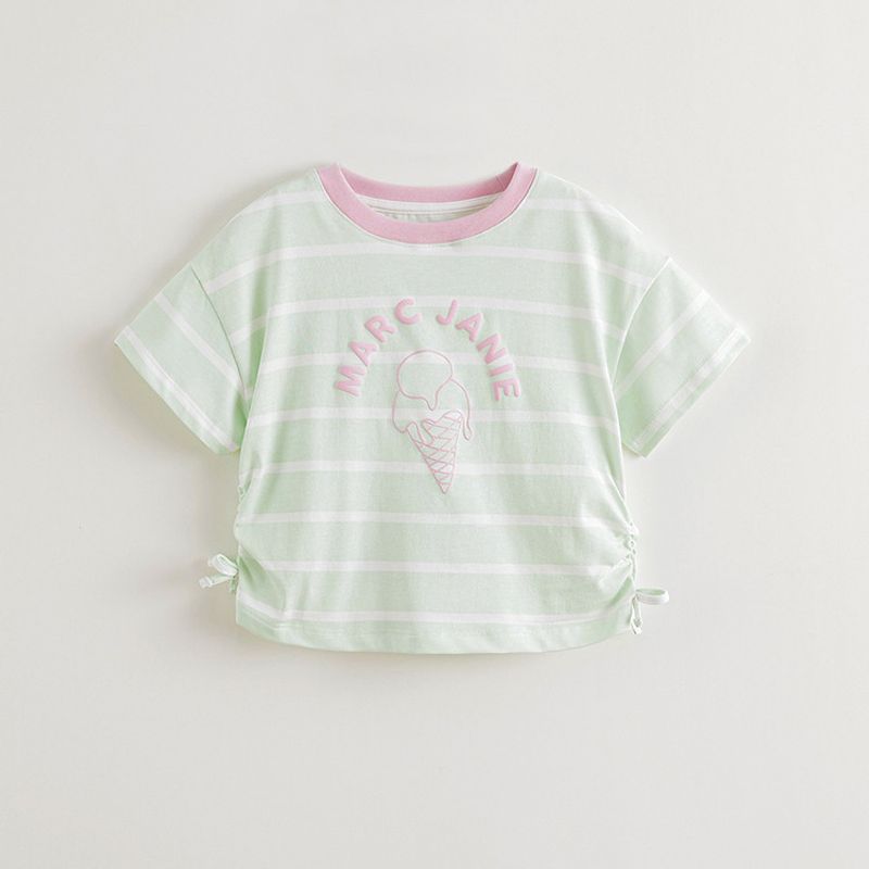 [Cool and Breathable] Mark Jenny Girls  Line Art Short-Sleeved T-Shirt, Children s Top, Summer New Style 550681 Green Stripes-Cool Style 120