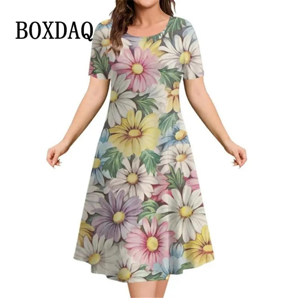 Summer Women's Casual Loose Short-sleeved Dress Elegant Party Evening Dress Women's A-line Skirt 3d Floral Pullover Dress
