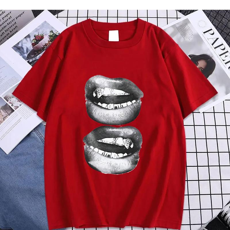 Retro Simple Sexy Lips Print Summer Cotton T-Shirt Fashion Men Clothing Fashion Tops Tees Men Casual Solid Color Streetwear Tops