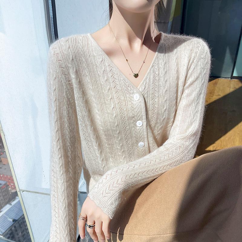 Elegant Women's V-neck Cashmere Jacquard Cardigan - Soft Knitwear for Autumn & Winter