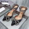 Spring Style Glitter Rhinestones Silk Transparent Pumps Women Crystal Bowknot Satin Lady High Heels Party Prom Shoes