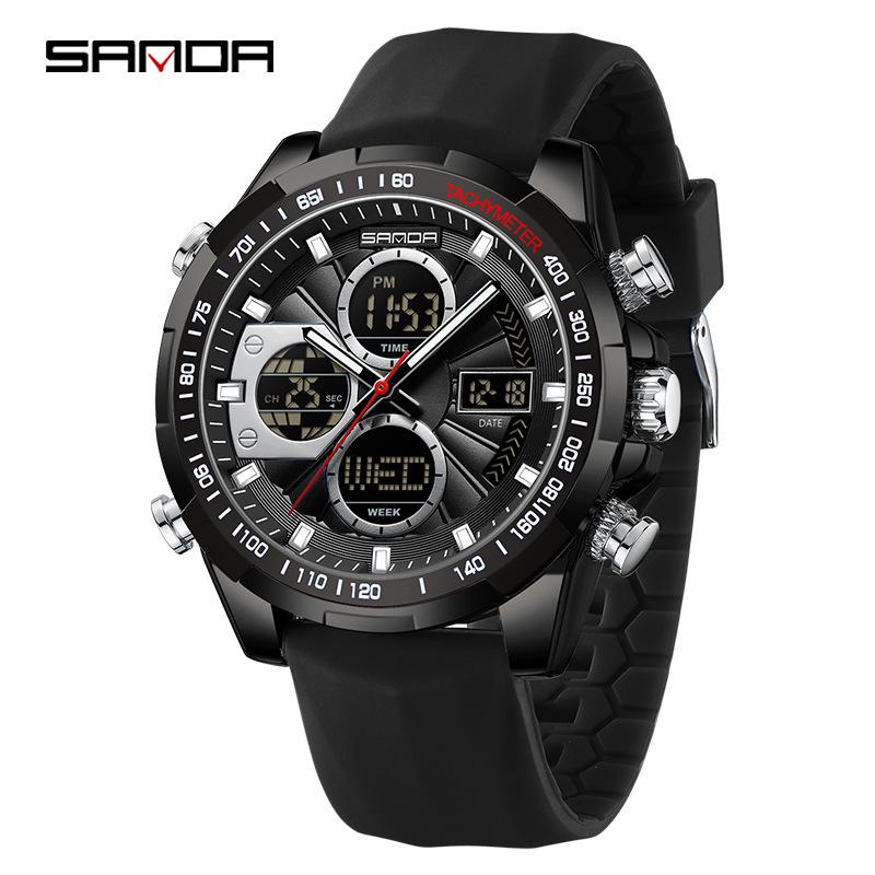 Sanda Dual Display Men s Multifunctional Sports Watch with Silicone Strap and Waterproof Feature