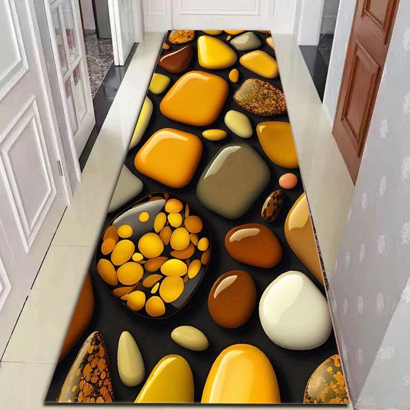 3D Glossy Yellow Pebble Runner Rug, Black Background Smooth Stone Long Hallway Mat Non Slip Washable Entryway Carpet