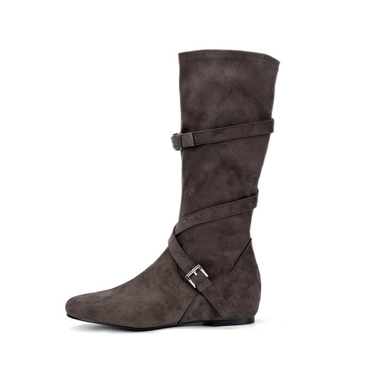 Spot new long boots with an inner height of 5cm, Korean fashionable buckle design, stacked medium boots, thin boots