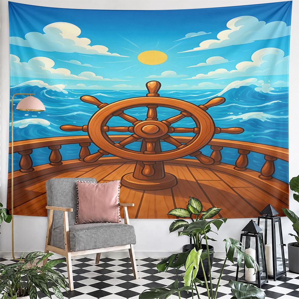 Ship Wheel and Ocean Waves Scene Pattern Wall Hanging Tapestry Decorative Tapestry Home Decor for Bedroom and Living Room