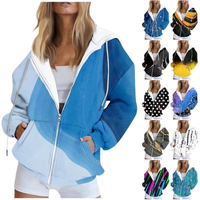 Women's Long Sleeve Printed Sweatshirt Long Sleeve Pocket Jacket Zipper Hoodie Coat