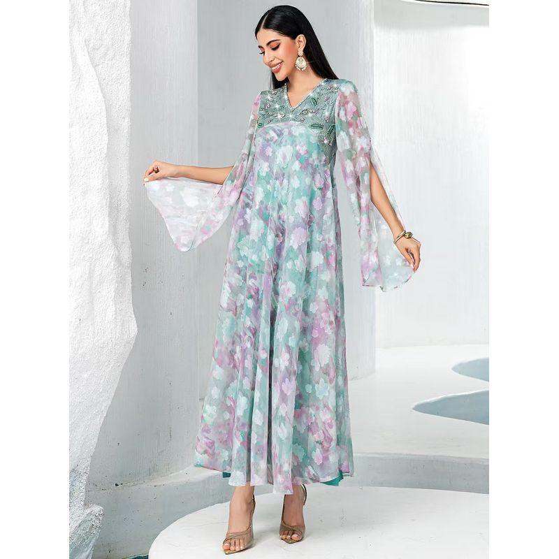 

Middle East Dubai New Arrival Hand-Stitched Diamond Printed V-neck Robe Dress Hand Sewn Diamond Dress Blue 2XL