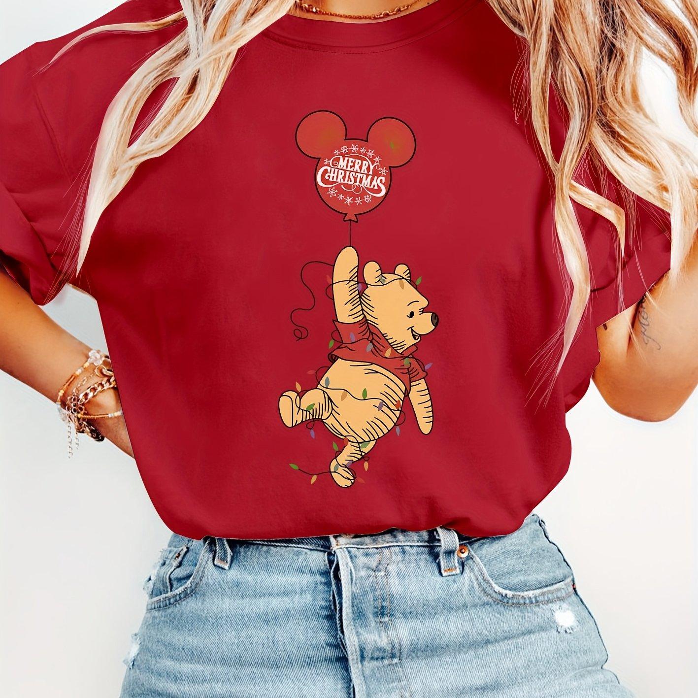 

2026 New Winnie The Pooh Christmas Balloon Pattern Cute Print Womens TShirt Short Sleeve O Neck Casual Loose Large Size S