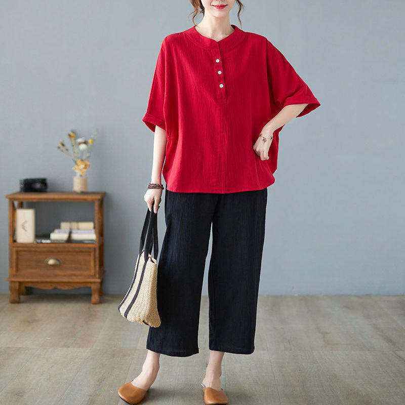 Plus Size Summer Cotton Linen Short-Sleeve Set for Middle-Aged Women - Fashionable Casual Two-Piece Outfit