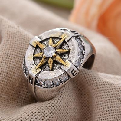 Vintage Compass Design Shiny Crystal Star Thai Silver Men Punk Ring  Hand Accessories Gifts
