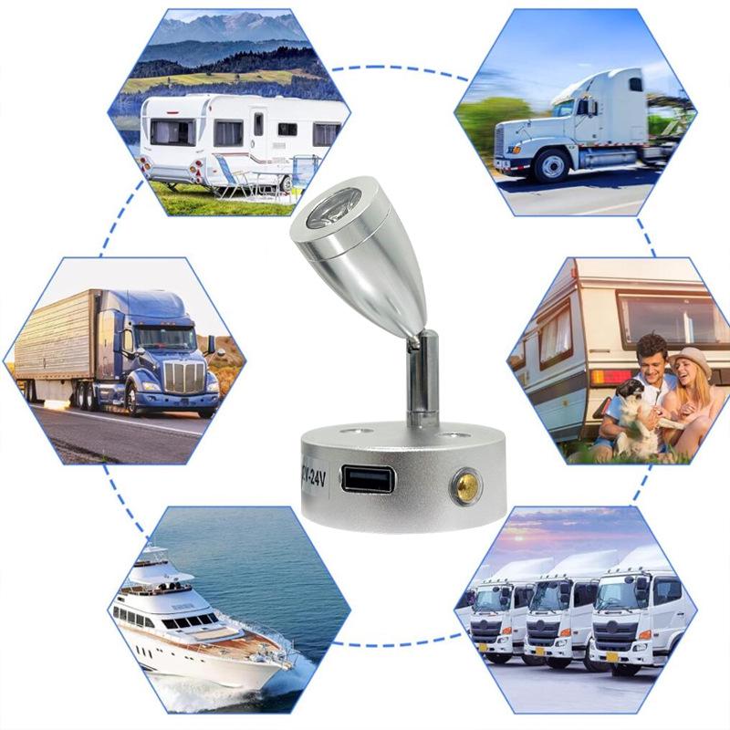 LED Touch Dimming RV Yacht USB Interior Reading Light, 3W, 12V