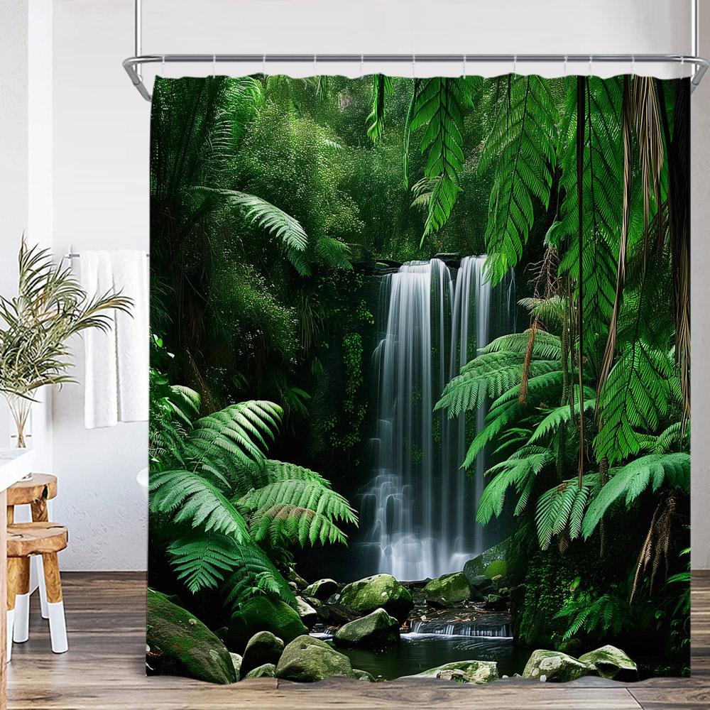 Natürliche Landschaft Wasserfall Wald Duschvorhang Landschaft Grüne Blätter Pflanzen Badezimmer Dekor Polyester Duschvorhang für Zuhause