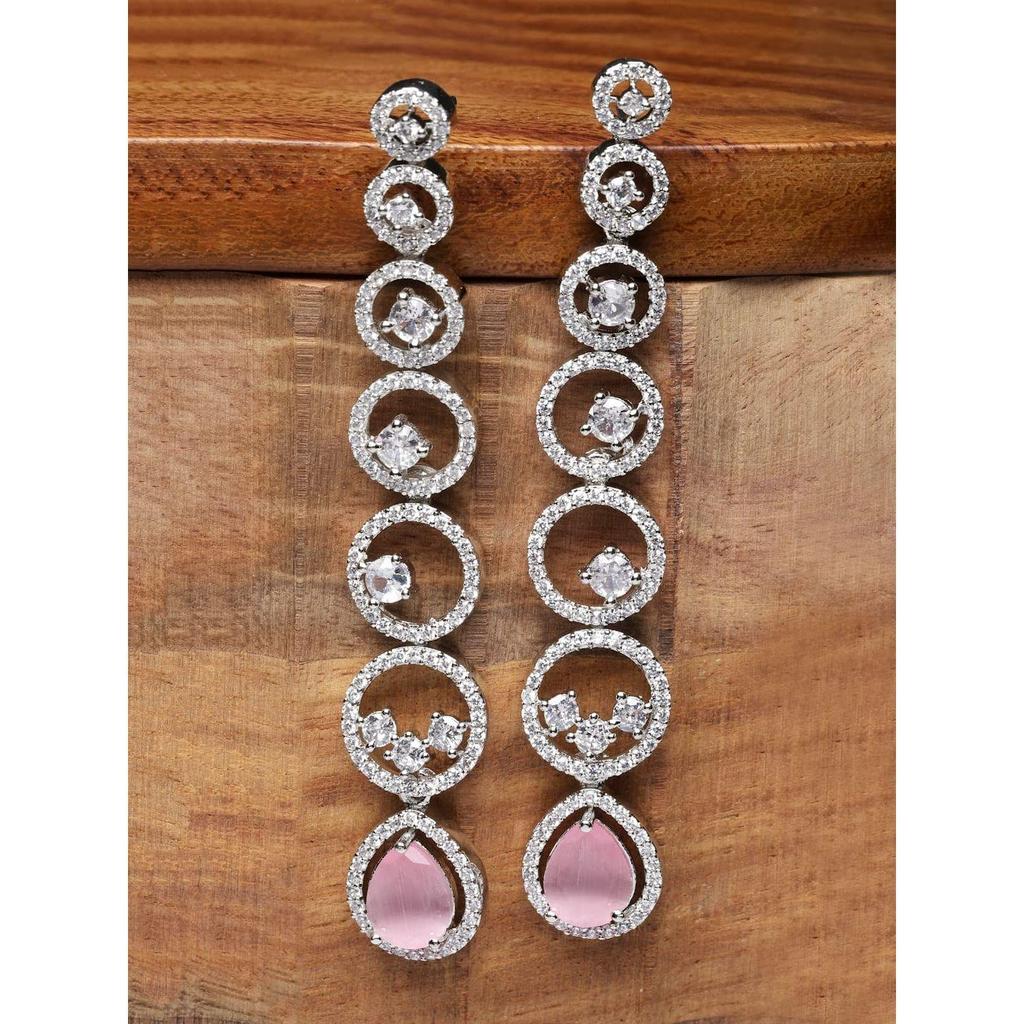 Oxidised Silver-Plated American Diamond Studded Circular Shaped Drop Earrings for Girls and Women