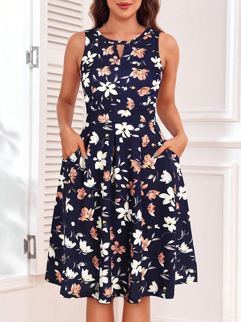 Floral Keyhole Neck Beach Dress with Hidden Zipper