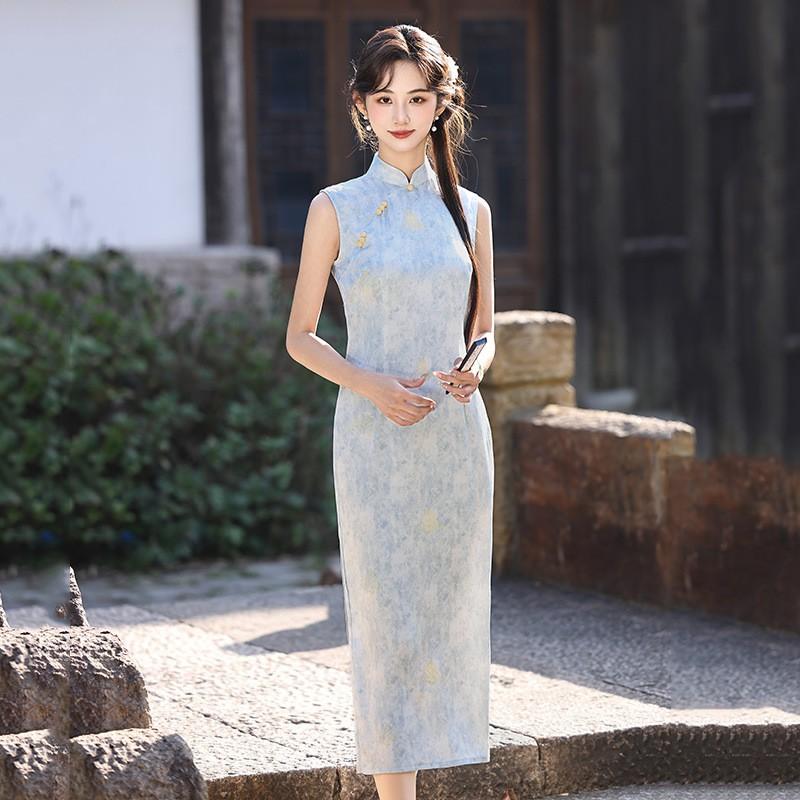 Blue Sleeveless Modern Chinese-Inspired Long Cheongsam Dress 2026 Womens Retro Elegant Daily Wear Small