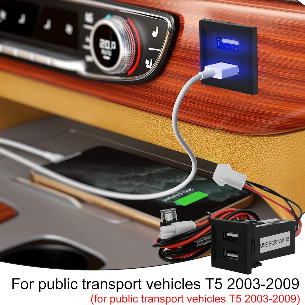 Dual USB mobile phone charger socket compatible with transport vehicle T5 2003-2009 professional car charger power socket