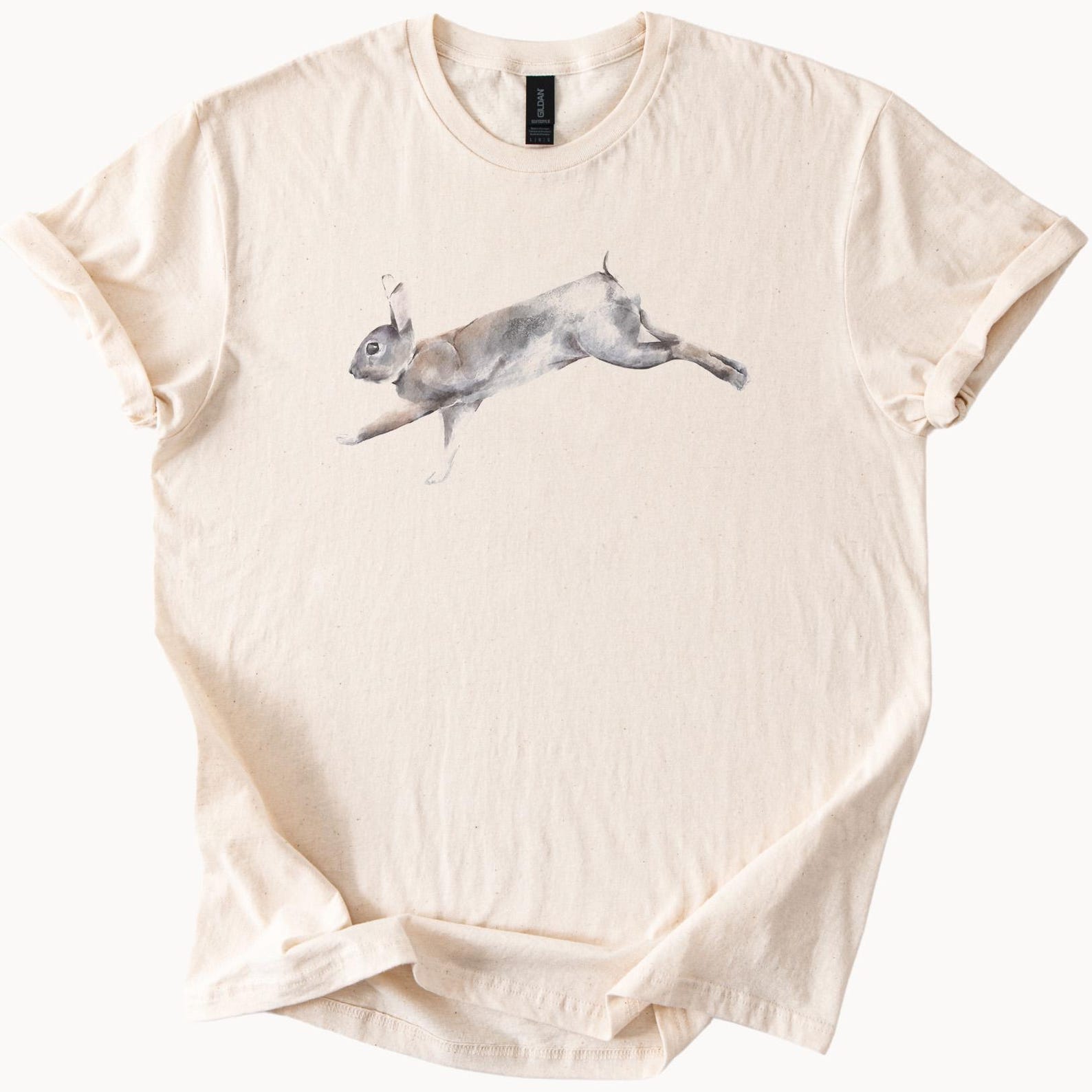 Running Rabbit Graphic T Shirt Watercolor Bunny Animal Lover Nature Art Soft Cream Tee Unique Wildlife Illustration Shirt 160