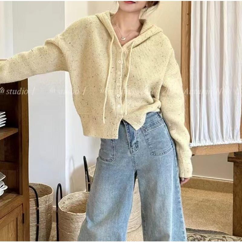 Autumn Winter Hooded Sweater Jacket Short Hooded Single Breasted Knitted Cardigan for Women