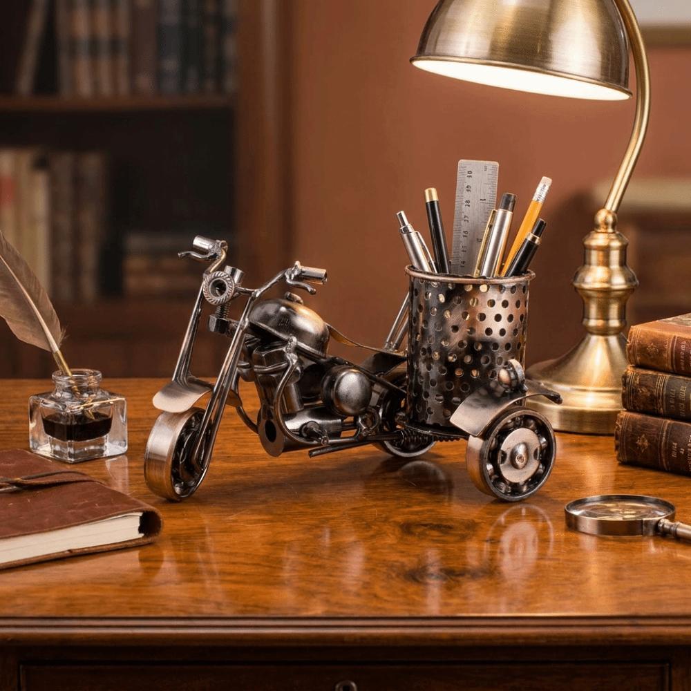 Solid Iron Material Motorcycle Shaped Pen Holder Vintage Desk Organizer Home Study