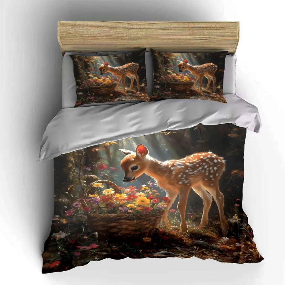 Deer and Floral Forest Decor Soft Comfortable Duvet Cover Bedding Set Included 1*Duvet Cover & 2*Pillowcases Gift