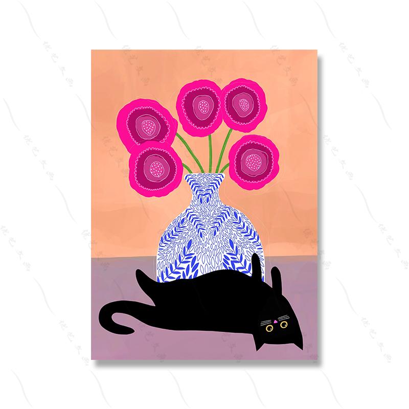 Retro Abstract Black Cat Vase Art Poster Print Pink Tulips Canvas Painting Colorful Pictures Living Kid Room Home Decor Murals