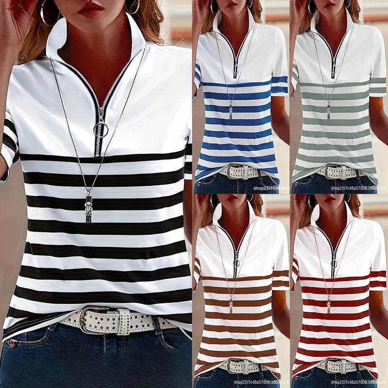 

2025 Spring/Autumn Women s Striped Zipper Turn-Down Collar Long Sleeve T-Shirt Large білий/червоний