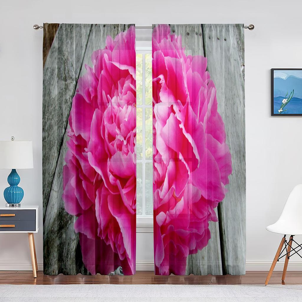 Tüllvorhänge mit rosa Pfingstrose und grünen Blättern für Wohnzimmer, Heimdekoration, Fenstervorhang, Küche, transparenter Voile-Vorhang