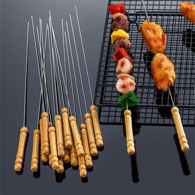 10/20/30/40/50PCS Large Stainless Steel BBQ Skewers Oak Wood Barbecue Grill Forks Long Handle Flat Kebab Skewer BBQ Accessories