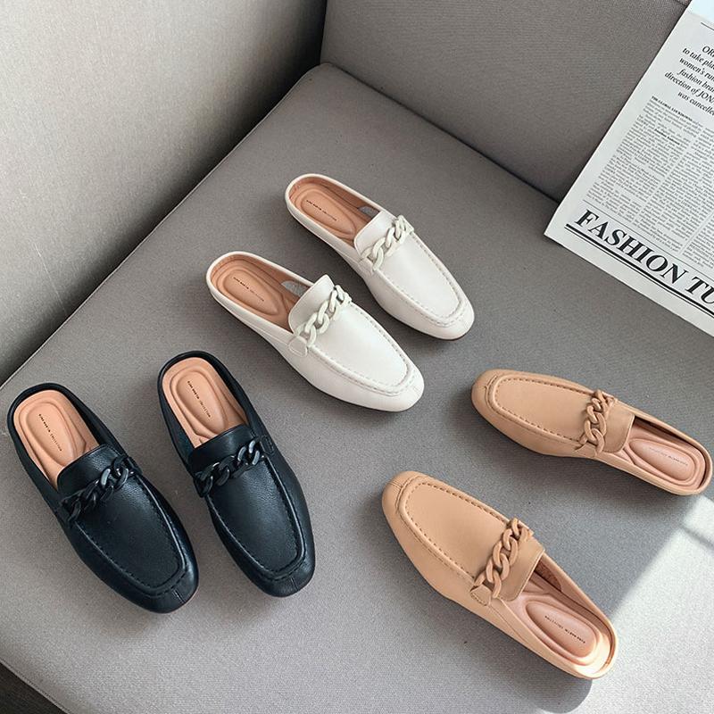 Metal Chain Summer Women Mules Slip On Flat Loafers Closed Toe Moccasins Fashion Designer Comfy Pu Leather Casual Slides Shoes