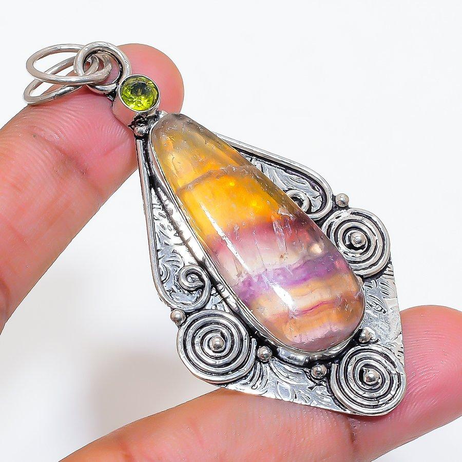 Natural Fluorite, Peridot 925 Sterling Silver Jewelry Pendant 2.84" ZS-91