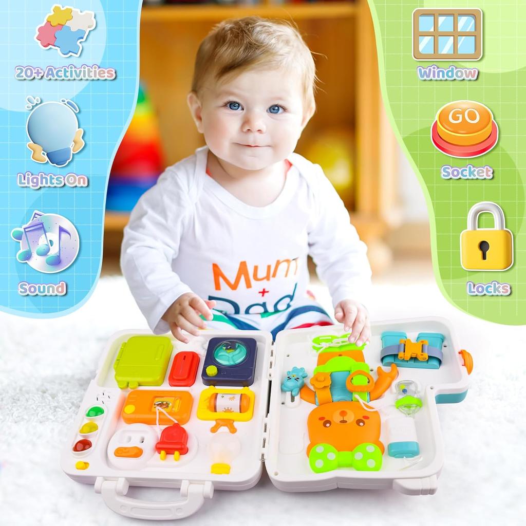 Toddler Toys Age 1-2, Musical Montessori Busy Board, Early Educational Toys for 1-2 Year Old, Motor Skills Developmental Toy, Toddler Travel Toy,